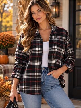 Chaps Black, Red & White Plaid Zip-Up Sweater Jacket NWT